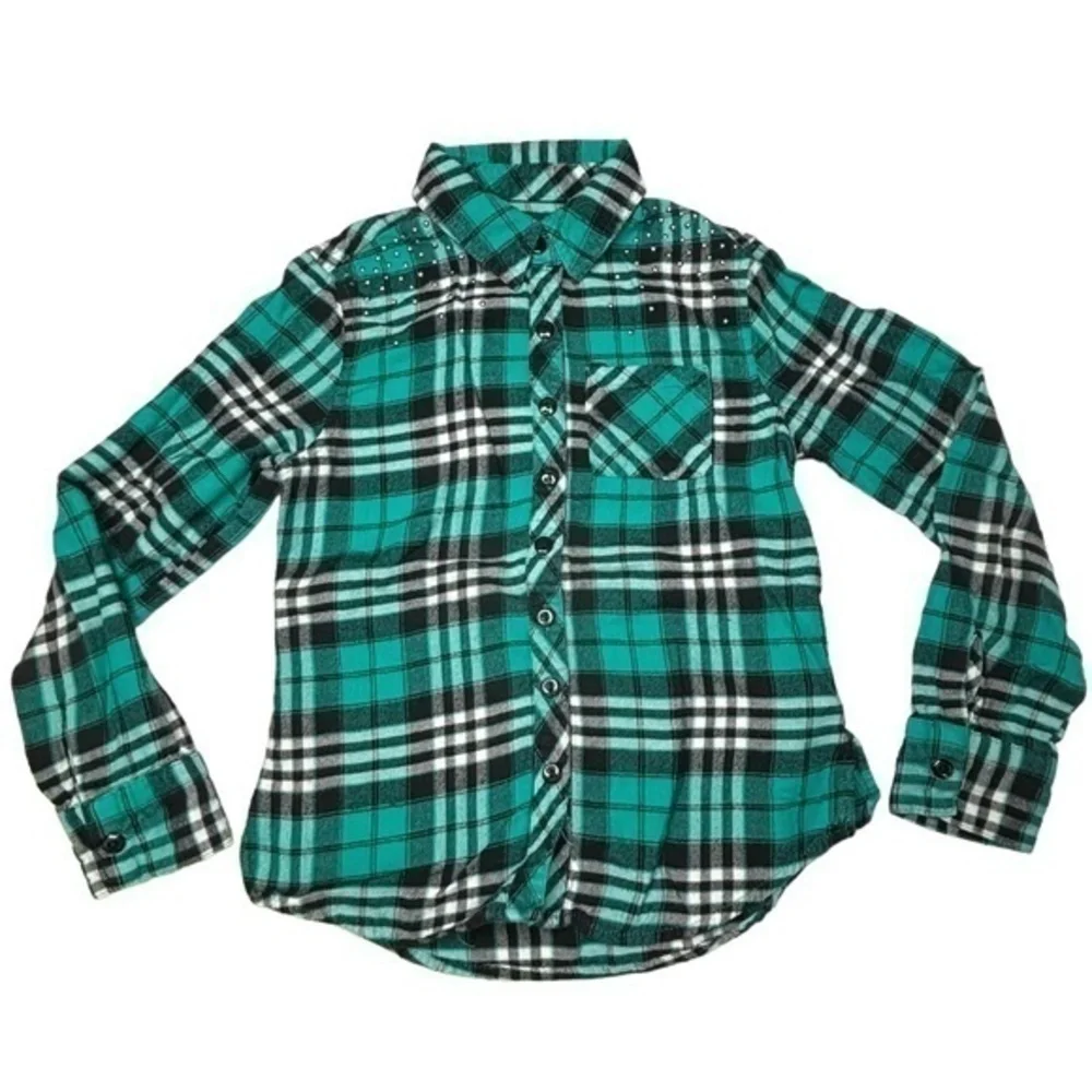 Justice Girls Top Size 7 Teal Black White Plaid Long Sleeve Button Down Shirt